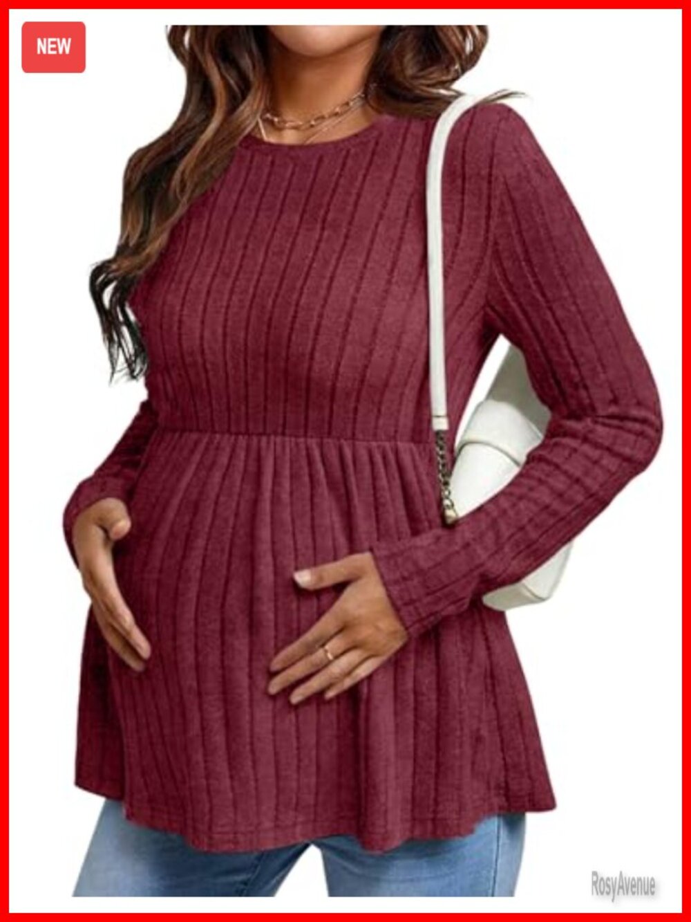 Long Sleeve Maternity Blouse Crew Neck Pleated Waist Ribbed Pregnancy Top